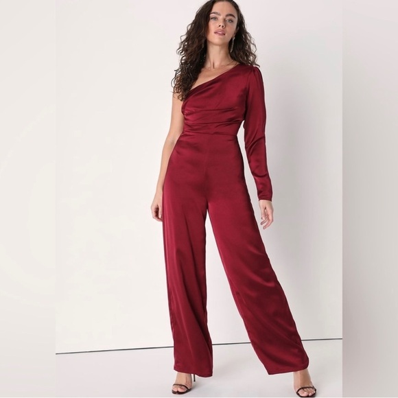 Lulus Pants - Lulus| Passionate About Perfection Crimson Satin Wide Leg One Sleeve Jumpsuit XL